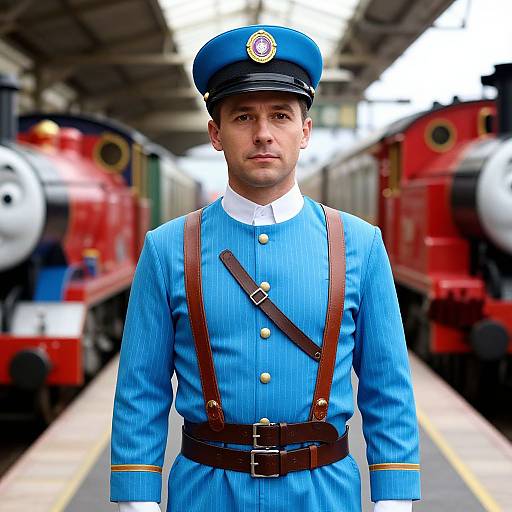 Photograph of a serious white man in a blue railroad conductor uniform with brown straps, standing between two red steam trains in a train station.