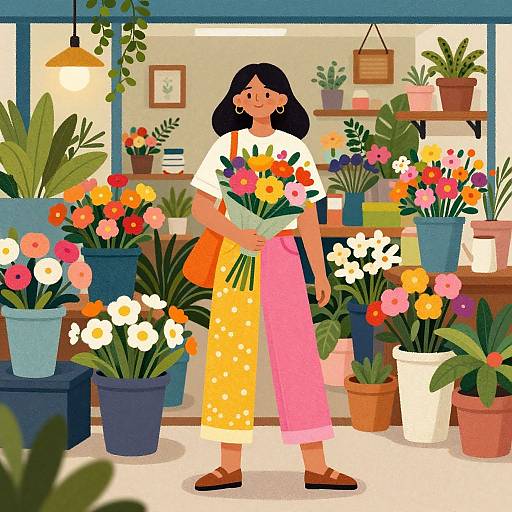 Digital illustration of a woman with black hair, wearing a white shirt and yellow and pink patterned pants, holding a bouquet of colorful flowers in a vibrant