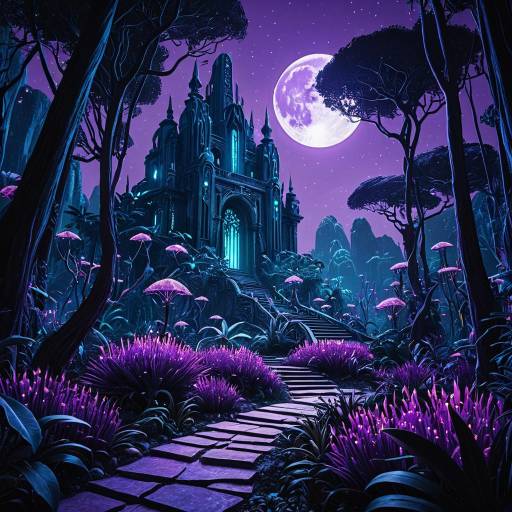 Bioluminescent Fantasy Jungle with Art Nouveau Castle Bioluminescent Fantasy Jungle with Art Nouveau Castle