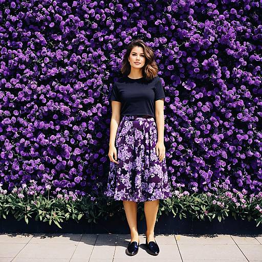 Young Woman in Purple Floral Skirt by Flower Wall