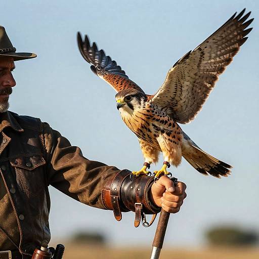 Photograph of a hawk with brown and black feathers, wings spread, perched on a leather-gloved hand of a man in a brown hat