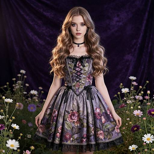 Photograph of a young woman with long wavy brown hair, wearing a black lace corset dress with purple roses, standing in a dark floral garden