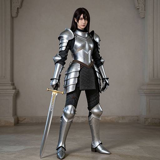Digital CGI of a serious, dark-haired woman in silver medieval armor, standing confidently with a sword, in a grand, stone-walled hall.