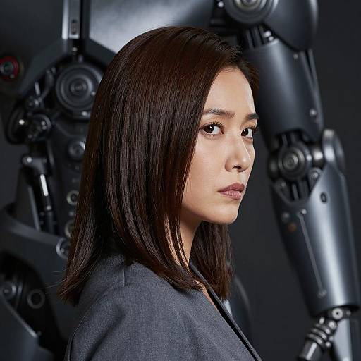 Serious Asian Woman in Gray Uniform