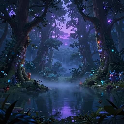 Enchanted forest at night, digital art. Luminous, colorful fireflies light tall trees and a reflective, misty pond in deep blue