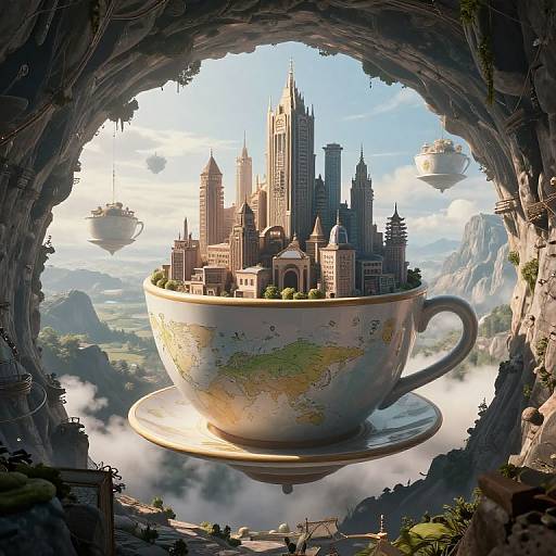 Fantastical CGI: Giant teacup with a floating medieval castle inside, surrounded by mountains, airships, and a cloudy sky, viewed through