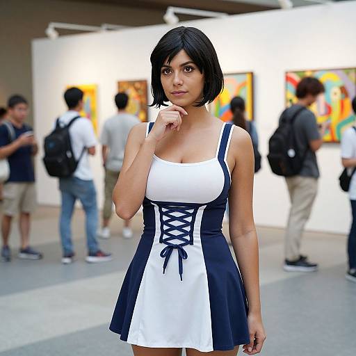 Photograph of a young woman with short black hair, wearing a white and black lace-up dress, standing in an art gallery with blurred, casually dressed