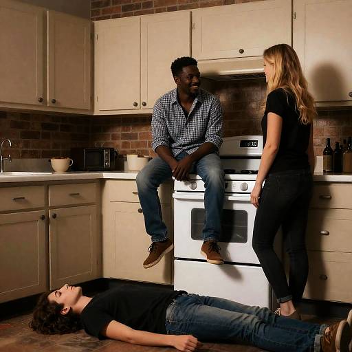 Dimly Lit Kitchen Scene with Friends