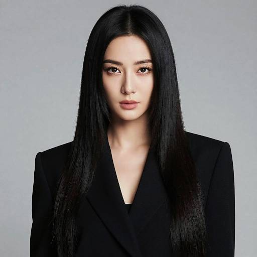 Photograph of a young woman with long, straight black hair, fair skin, and dark eyes, wearing a black blazer, against a light gray