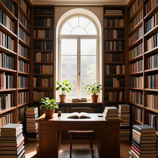 Photograph of a sunlit, wooden library room with tall shelves filled with books, two potted plants on a desk, and a large arched