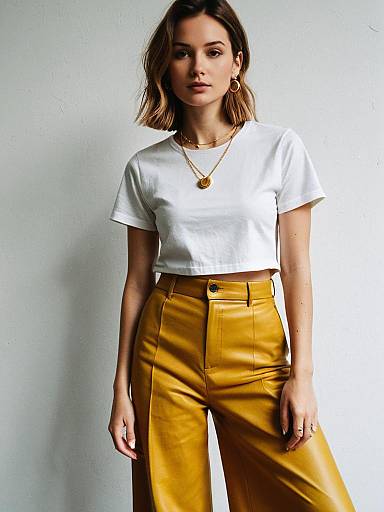 Trendy Woman in White T-shirt and Mustard Yellow Wide-leg Trousers