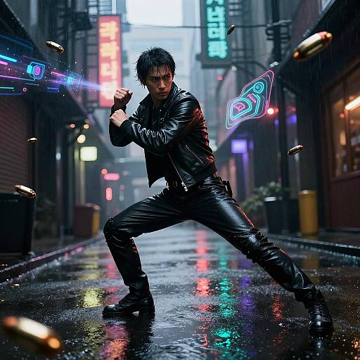 Photorealistic digital artwork of a black-haired man in leather gear, wielding glowing neon guns in a rain-soaked, neon-lit urban alley at