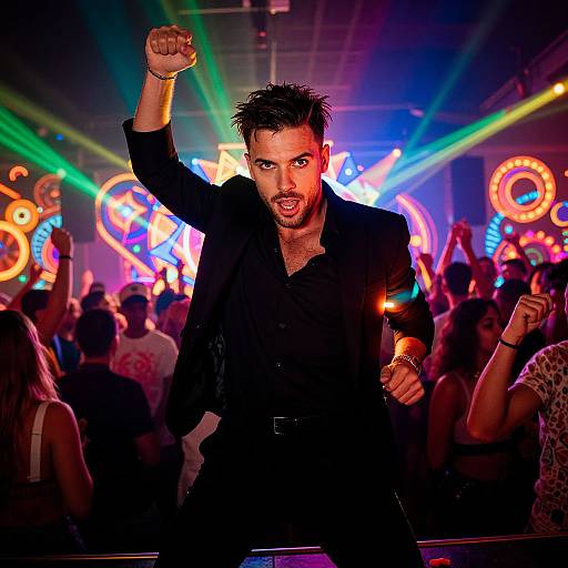 Photograph of a fierce, dark-haired man in a black blazer, punching the air in a vibrant, neon-lit club with cheering crowd.