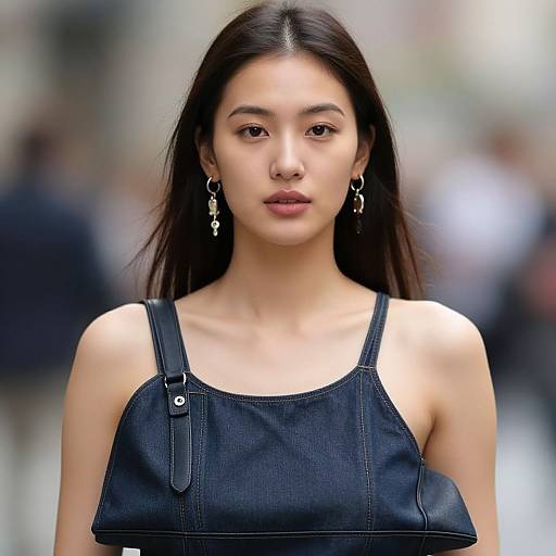 Photograph of an Asian woman with long black hair, wearing a black sleeveless top and earrings, standing in a blurred urban background.