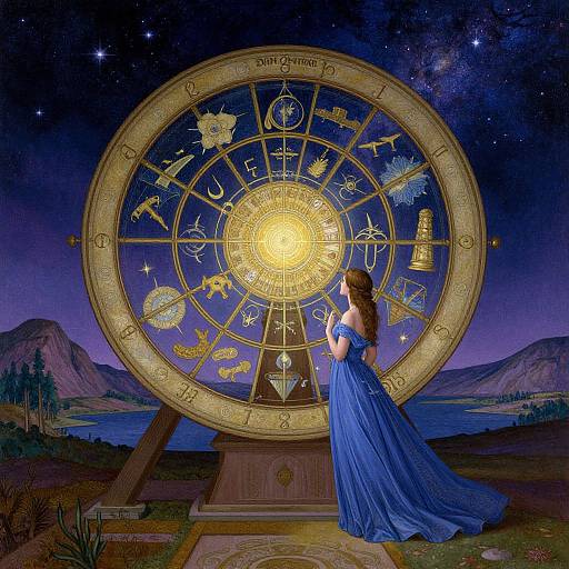 Fairytale-like digital artwork of a woman in a blue gown, gazing at a glowing, starry zodiac wheel under a night sky.