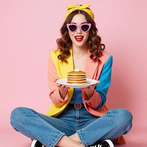 Photograph of a smiling woman with pink sunglasses, yellow headband, colorful jacket, and denim jeans, sitting cross-legged, holding a plate of pancakes