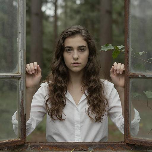 Contemplative Woman Behind Broken Window