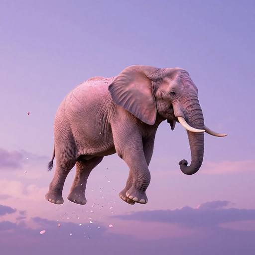 Photograph of a large, gray African elephant with white tusks mid-leap against a pink and purple twilight sky, with small particles trailing behind.