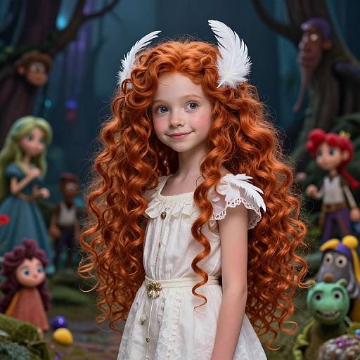 Photorealistic digital artwork of a young girl with long, curly red hair, white feather headband, and white dress, standing in a whimsical