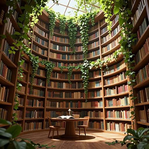 Photograph of a sunlit, circular library with wooden shelves filled with books, vines hanging from the ceiling, and a wooden table with two chairs in