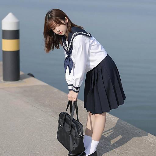 Asian Girl in Sailor School Uniform on Pier