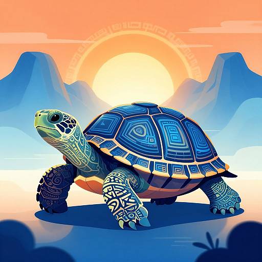 Digital illustration of a blue-patterned turtle with intricate designs, standing in a vibrant desert landscape under a large, glowing orange sun.