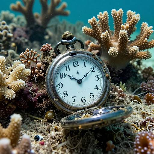 Photograph of a vintage pocket watch with black numerals, resting on a colorful coral reef, surrounded by various corals and marine life.