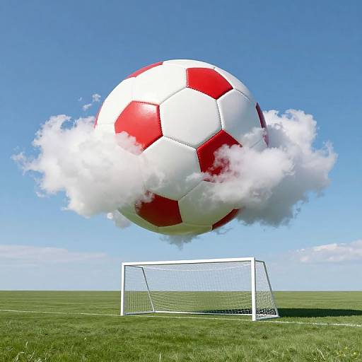 Photorealistic CGI: giant red-and-white soccer ball floating above soccer goal on green field, surrounded by fluffy white clouds, against clear blue sky.