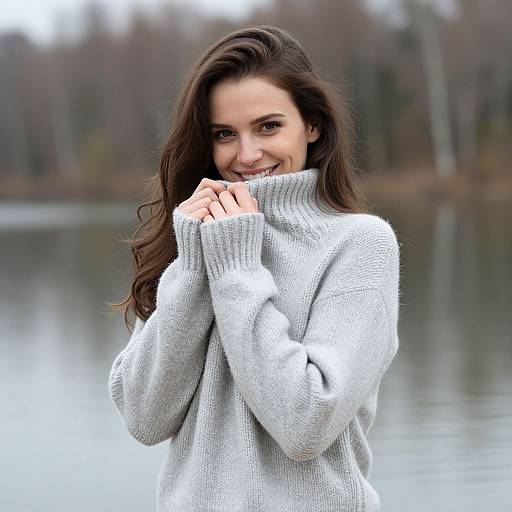Smiling Woman by Calm Winter Lake