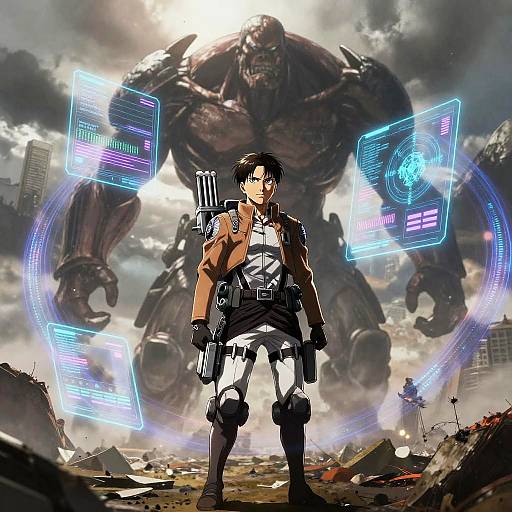 Digital anime-style artwork of a muscular, black-haired man in a brown jacket and white pants, holding a gun, facing a massive, dark, monstrous