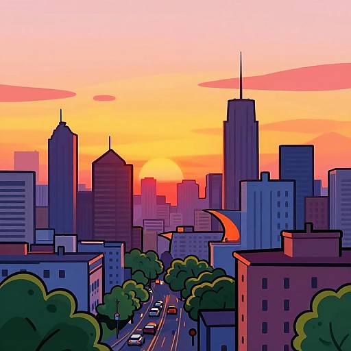 Digital illustration of a city skyline at sunset, featuring vibrant orange and pink skies, silhouetted skyscrapers, and a busy street with cars
