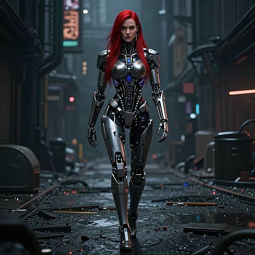 Digital artwork of a red-haired woman in a shiny black cybernetic bodysuit, walking confidently down a dark, wet, neon-lit urban