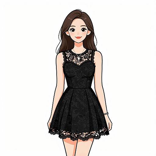 Chic Smiling Woman in Black Lace Dress