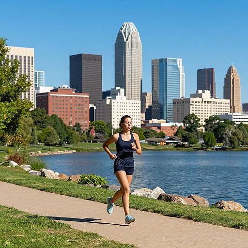 Woman Jogging by Sloan Lake with Denver Skyline