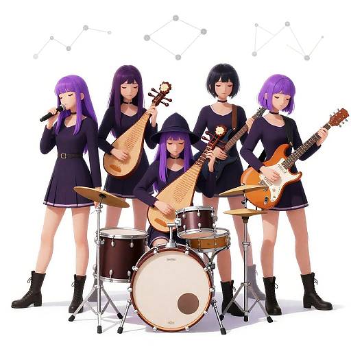 Animated Purple-Haired Girls Band Performing