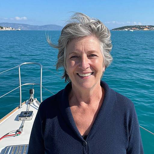 Smiling middle-aged woman with short gray hair, wearing a black cardigan, stands on a boat in clear blue water. Bright sunny day, mountains