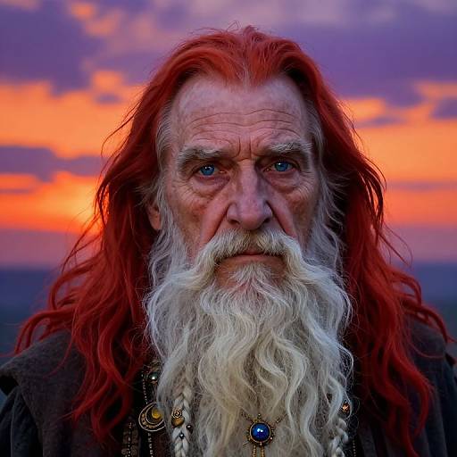 Photograph of an elderly man with long, red hair and a white beard, wearing jewelry, against a vibrant sunset sky.