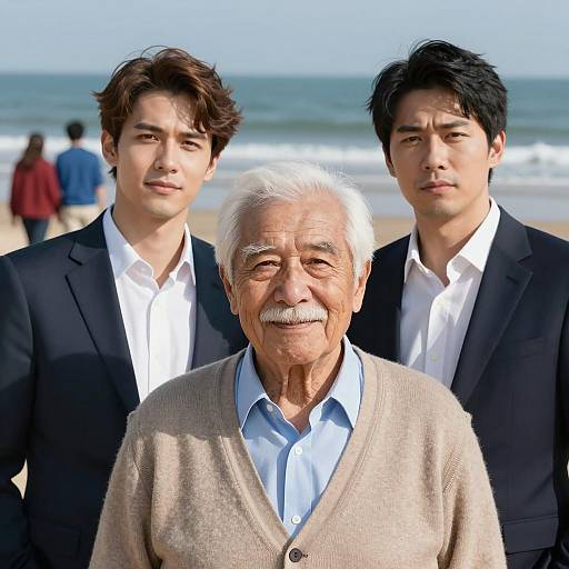 Elderly Man with Young Companions at Beach