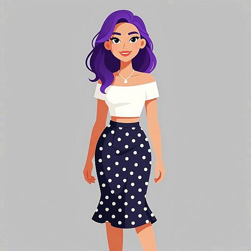 Digital illustration of a smiling woman with purple hair, wearing a white off-shoulder top and navy polka dot skirt, against a light blue background