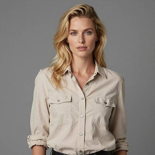 Blonde Woman Wearing Beige Button-Up Shirt