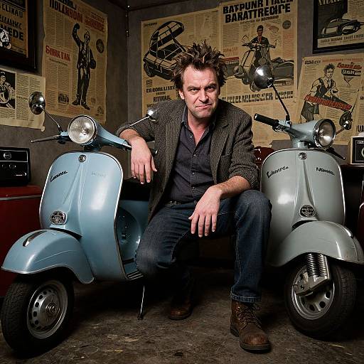 Photograph of a rugged, middle-aged man with spiky hair, wearing a dark checkered blazer and black shirt, squatting between two vintage