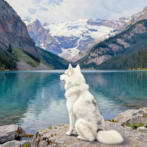 Photograph of a white, fluffy Siberian Husky sitting on a rocky shore, gazing at a serene, turquoise lake with snow-capped mountains