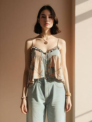 Young Woman in Bohemian Ruffled Camisole and Blue Jeans