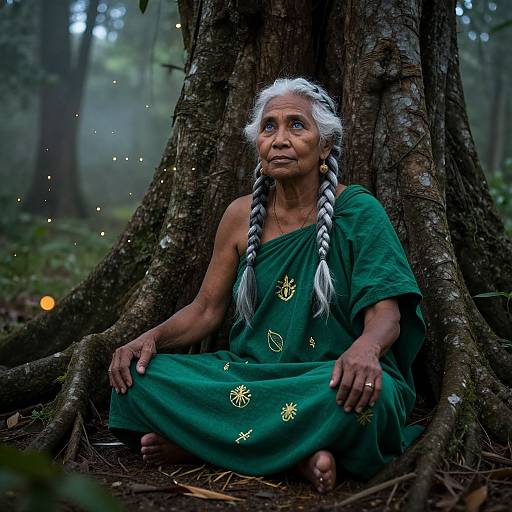 Photograph of an elderly Indian woman with white braids, green sari, sitting against a large tree in a misty forest, surrounded by glowing