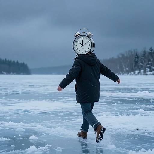 Photograph of a person in a black coat and jeans walking on a frozen lake, wearing a large clock as a head. Overcast sky, snowy