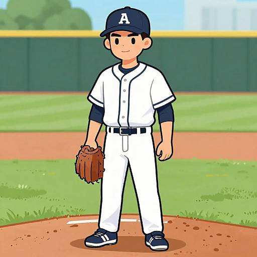 Cartoon-style digital drawing of a young boy in a white baseball uniform, black cap with 