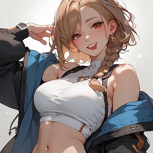 Digital anime-style drawing of a smiling, fair-skinned woman with brown braided hair, red eyes, wearing a white crop top, blue jacket,