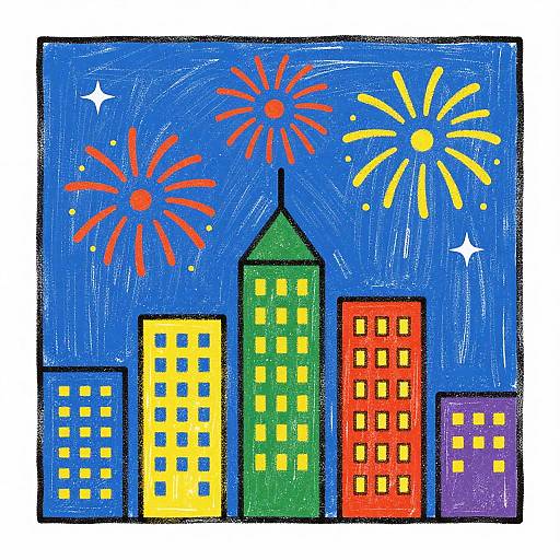 Colorful digital illustration of a night cityscape with five brightly colored buildings, yellow, green, red, blue, and purple, under a blue sky