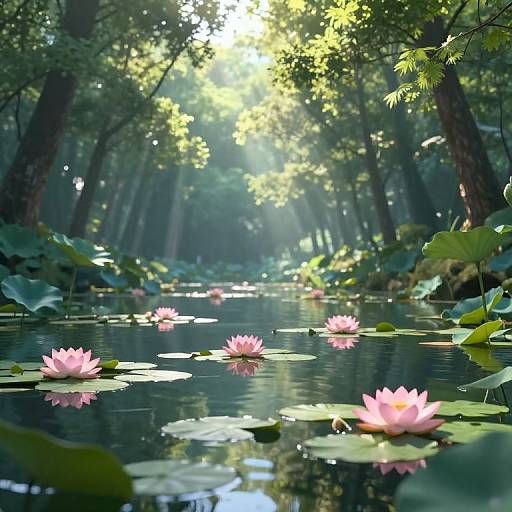 Photograph of a serene forest pond with sunlight filtering through trees, pink lotus flowers floating on calm water, and green lily pads surrounding the tranquil