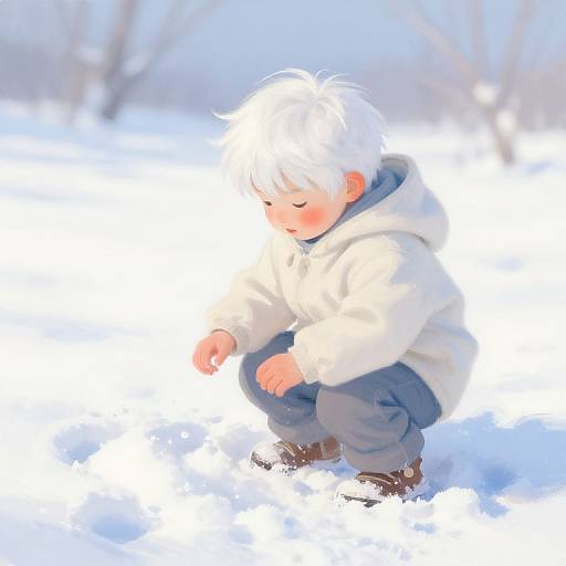 Digital painting of a cute, fair-skinned, white-haired toddler squatting in bright, snowy landscape, wearing a white hoodie, blue pants, and